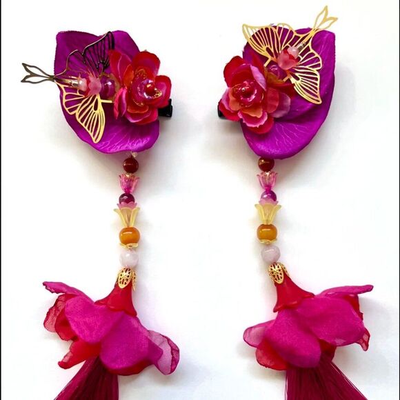 Artist Made ECSTATIC Pink Red Party Festival Rave Flower HairClip Decor Tassel main image 7